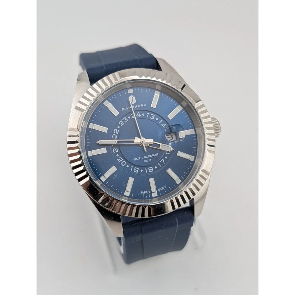 SAPPHERO Men's Quartz Watch 44mm Silver Case Blue Silicone Band- New Battery